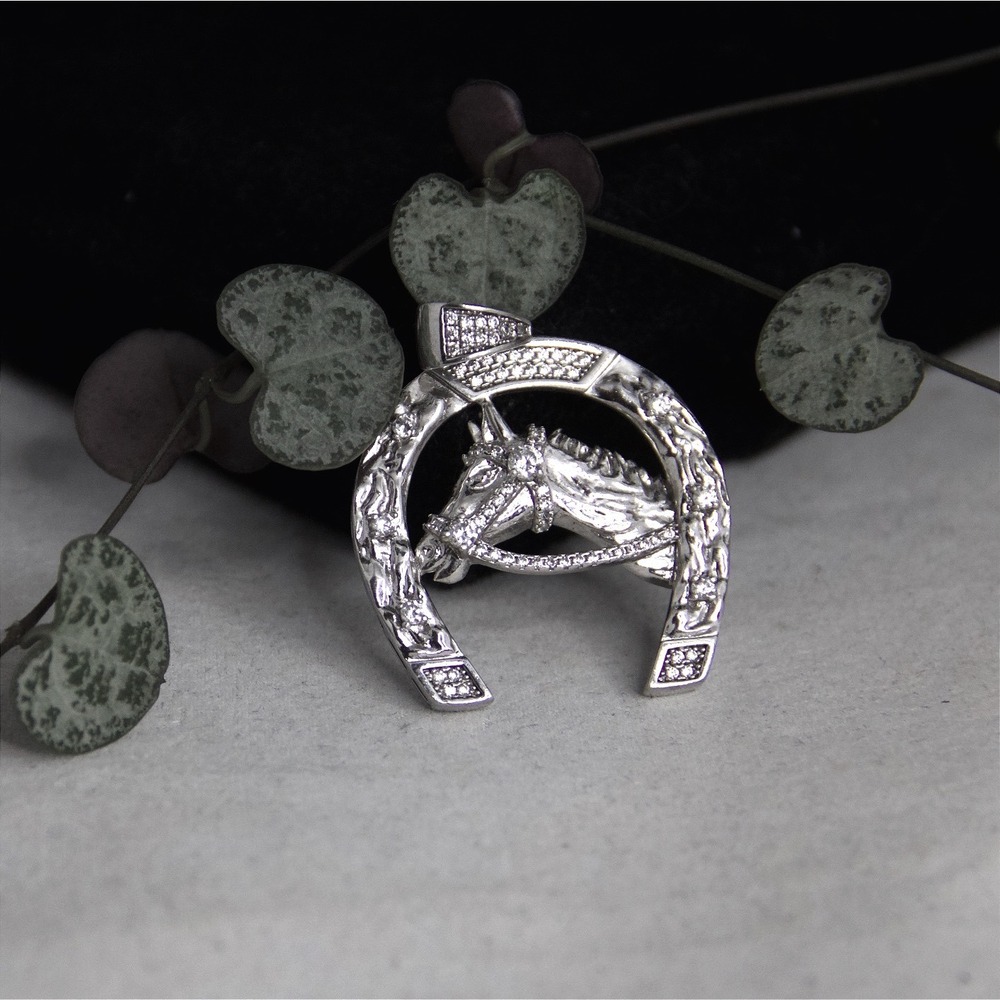 Sterling Silver 925 Horseshoe Horse Head Pendant Clear Stone Accents Equestrian